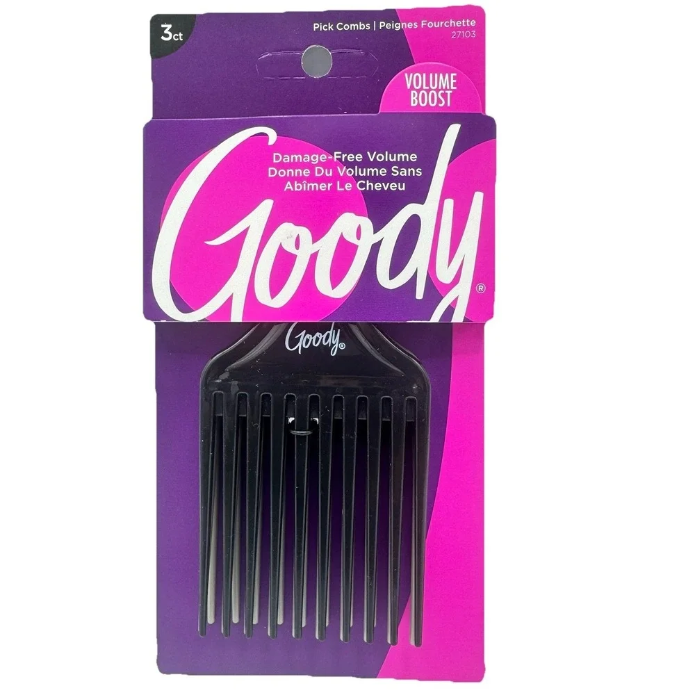 Goody Hair Pick Comb Set 3 Pack Volume Lift Afro Picks Black Gray NEW